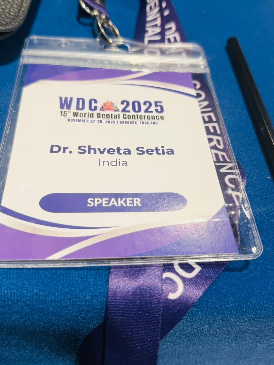 Speaker badge issued to Dr Shveta Setia at the 15th World Dental Conference