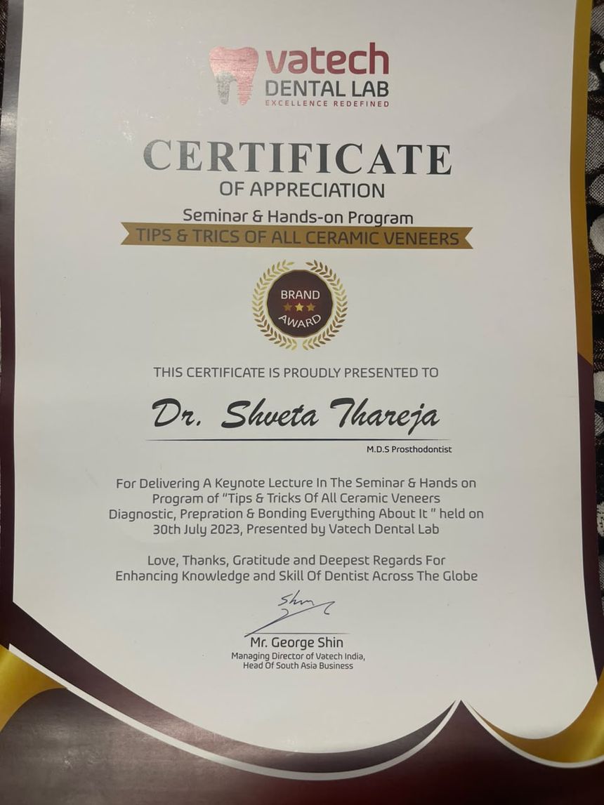 Vatech Dental Lab certificate of appreciation for seminars and hands-on teaching